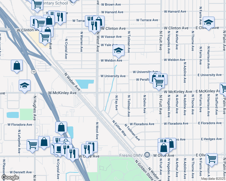 map of restaurants, bars, coffee shops, grocery stores, and more near 1020 West McKinley Avenue in Fresno