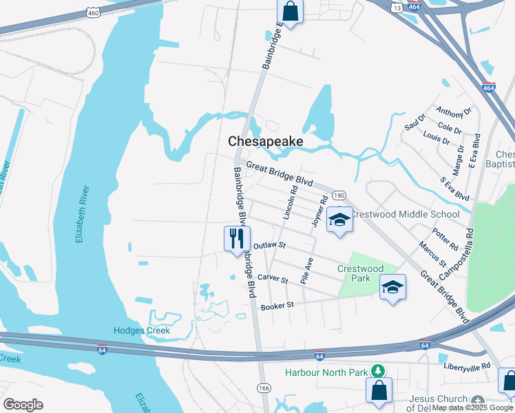 map of restaurants, bars, coffee shops, grocery stores, and more near 109 Gregg Street in Chesapeake
