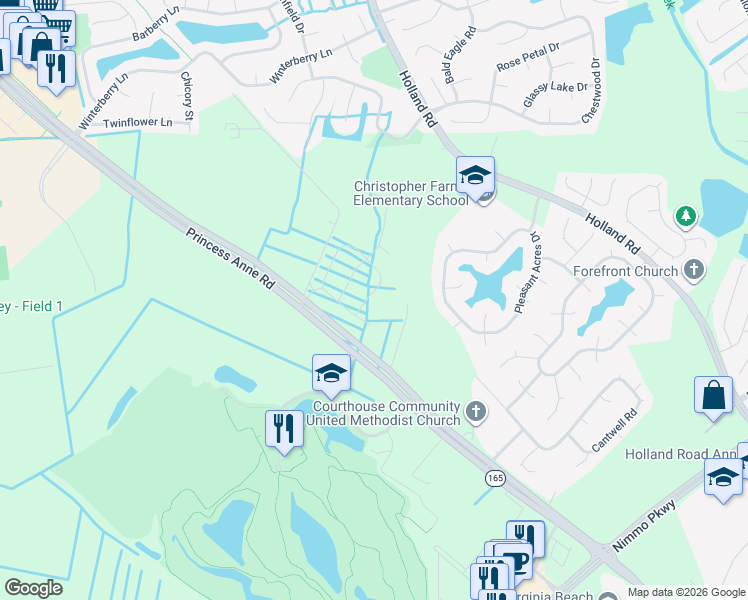 map of restaurants, bars, coffee shops, grocery stores, and more near 2969 Bermuda Grass Loop in Virginia Beach