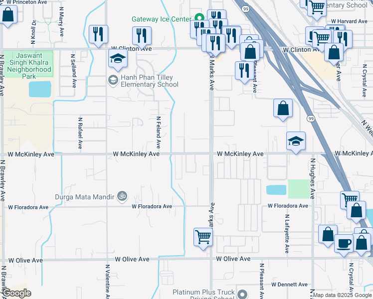 map of restaurants, bars, coffee shops, grocery stores, and more near 3092 West McKinley Avenue in Fresno