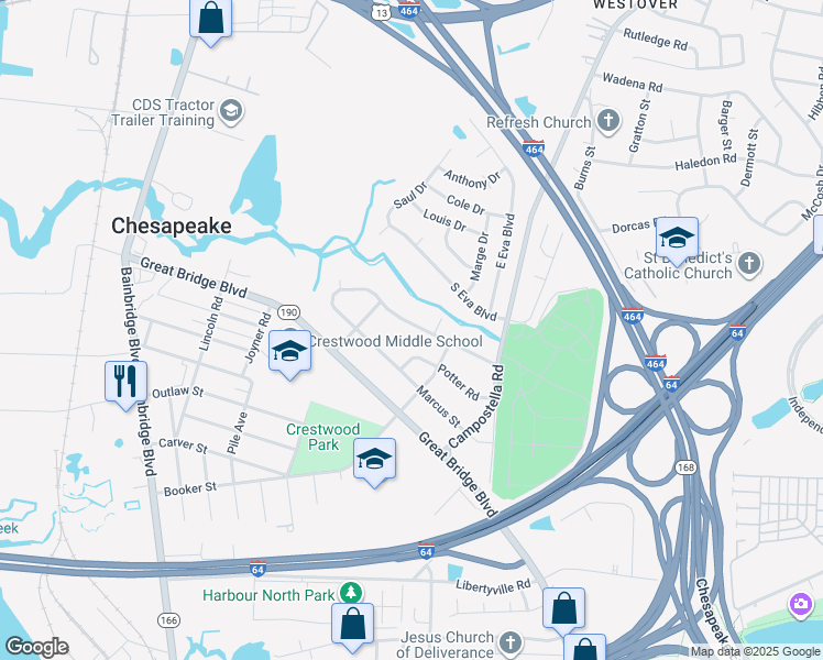 map of restaurants, bars, coffee shops, grocery stores, and more near 629 River Creek Road in Chesapeake