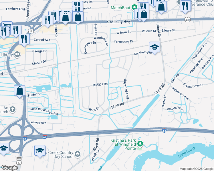 map of restaurants, bars, coffee shops, grocery stores, and more near 2401 Meiggs Road in Chesapeake