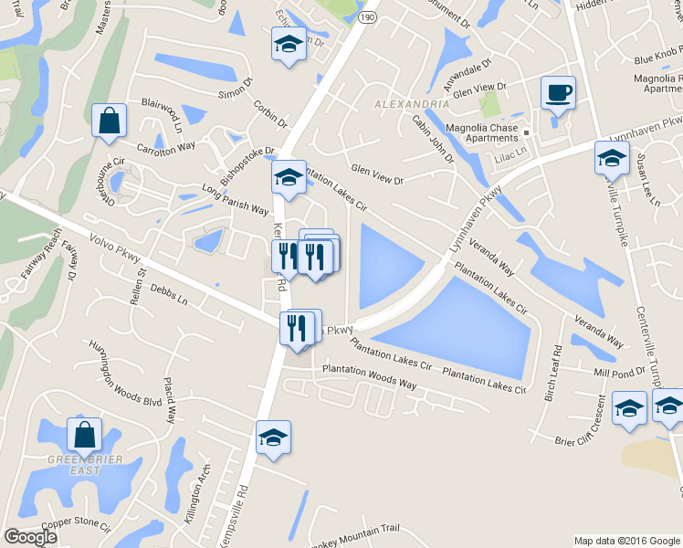 map of restaurants, bars, coffee shops, grocery stores, and more near 1516 Plantation Lakes Circle in Chesapeake