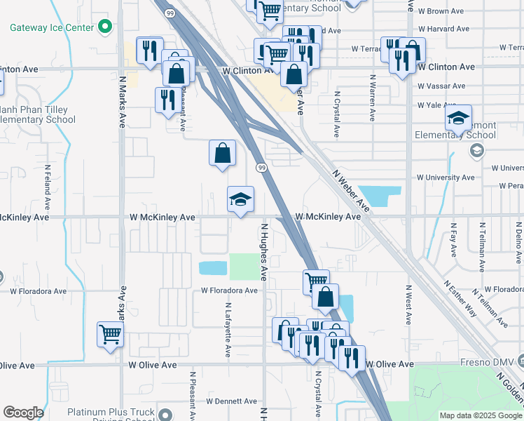 map of restaurants, bars, coffee shops, grocery stores, and more near 2000 East Mckinley Avenue in Fresno