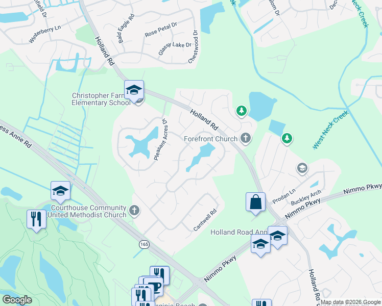 map of restaurants, bars, coffee shops, grocery stores, and more near 1905 Red Barn Drive in Virginia Beach