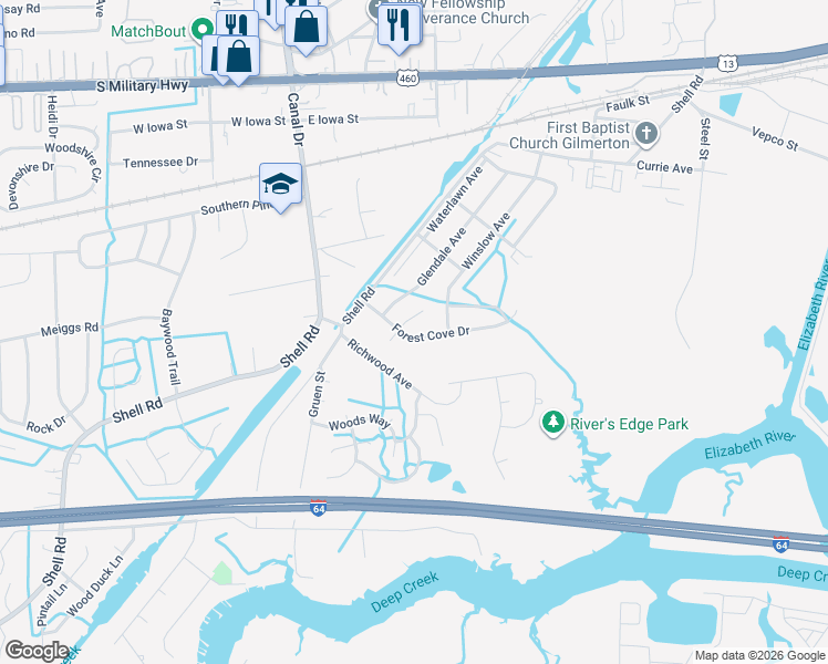 map of restaurants, bars, coffee shops, grocery stores, and more near 1301 Bramblewood Court in Chesapeake