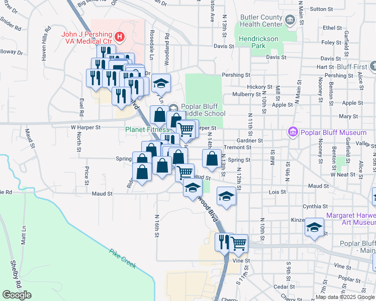 map of restaurants, bars, coffee shops, grocery stores, and more near 1456 Tremont Street in Poplar Bluff