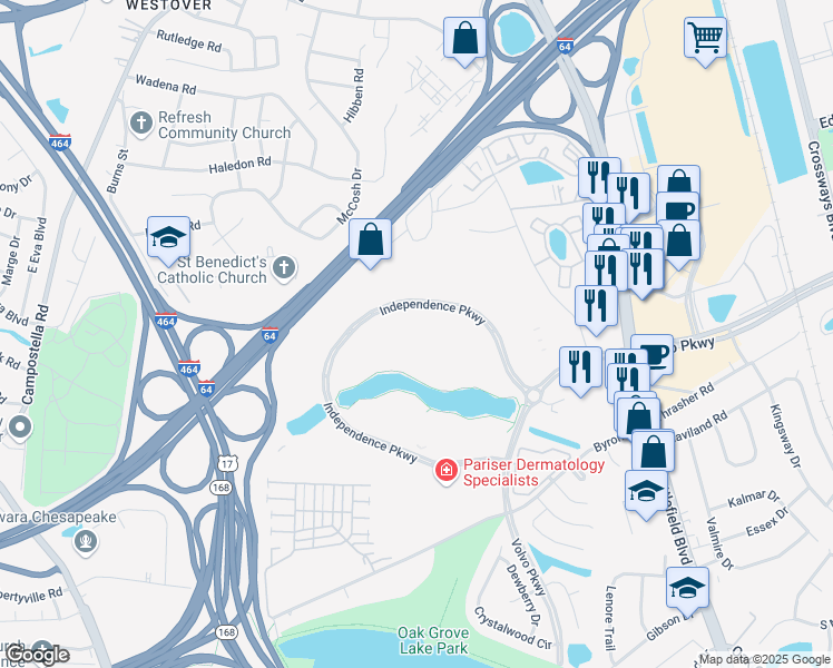 map of restaurants, bars, coffee shops, grocery stores, and more near 661 Independence Parkway in Chesapeake