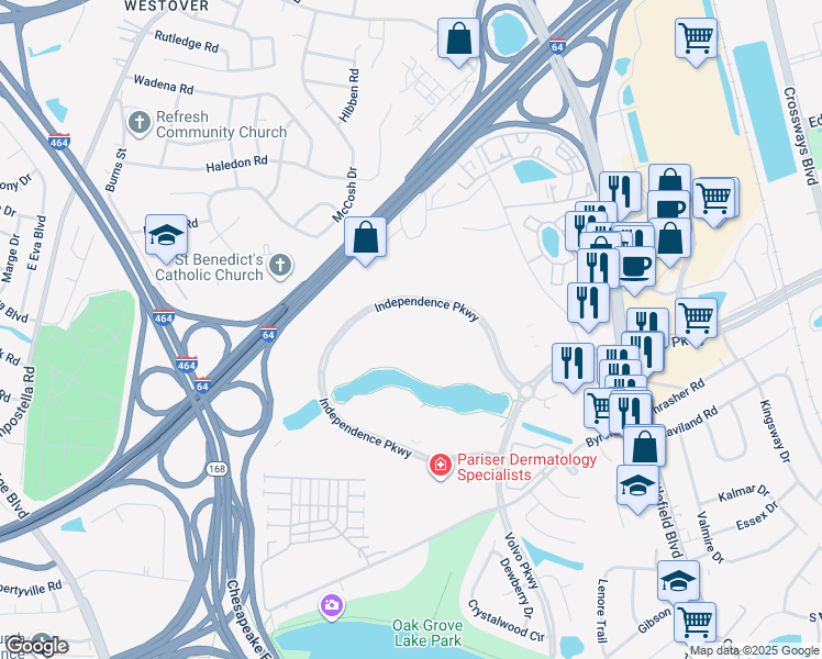 map of restaurants, bars, coffee shops, grocery stores, and more near 661 Independence Parkway in Chesapeake