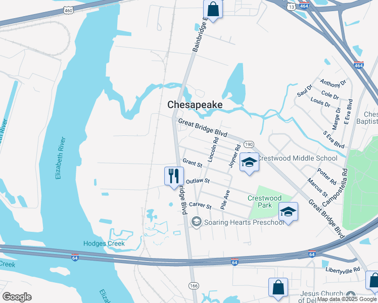 map of restaurants, bars, coffee shops, grocery stores, and more near 109 Gregg Street in Chesapeake