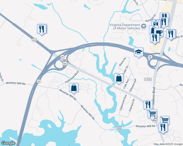 map of restaurants, bars, coffee shops, grocery stores, and more near 2568 Pruden Boulevard in Suffolk