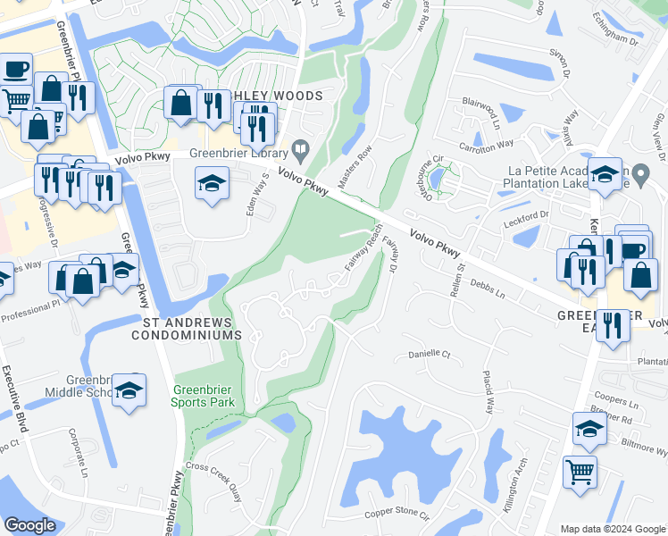 map of restaurants, bars, coffee shops, grocery stores, and more near 1308F Bunker Ridge Arch in Chesapeake