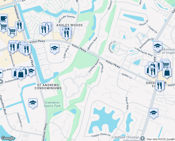 map of restaurants, bars, coffee shops, grocery stores, and more near 1308F Bunker Ridge Arch in Chesapeake