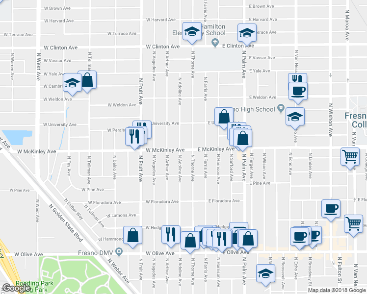 map of restaurants, bars, coffee shops, grocery stores, and more near 134 West McKinley Avenue in Fresno