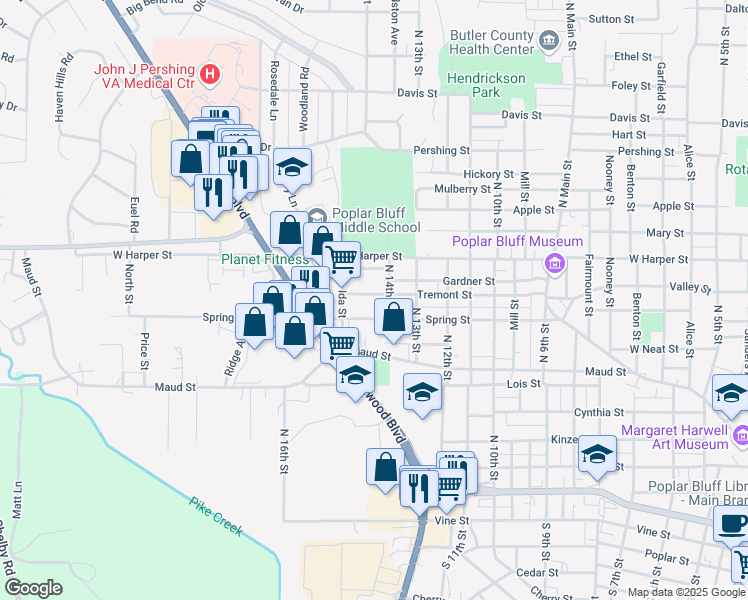 map of restaurants, bars, coffee shops, grocery stores, and more near 1406 Tremont Street in Poplar Bluff