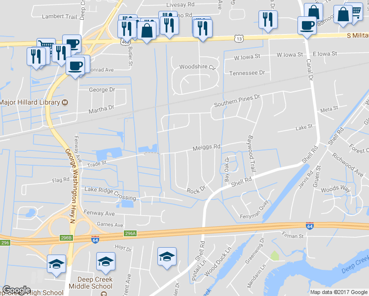 map of restaurants, bars, coffee shops, grocery stores, and more near 2516 Meiggs Road in Chesapeake
