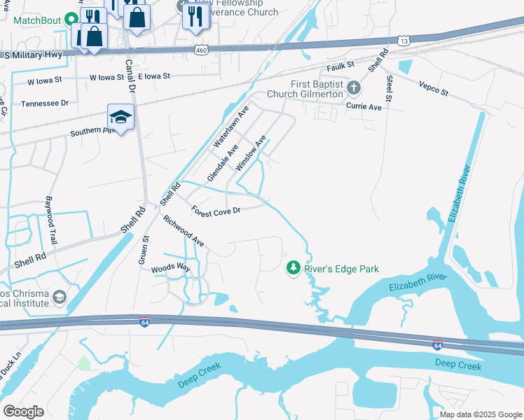 map of restaurants, bars, coffee shops, grocery stores, and more near 1509 Forest Cove Drive in Chesapeake