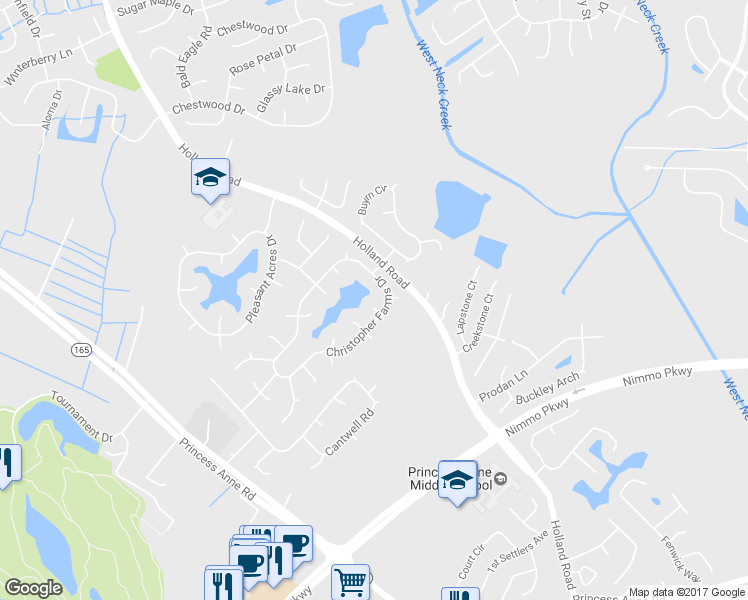 map of restaurants, bars, coffee shops, grocery stores, and more near 1804 Black Angus Court in Virginia Beach