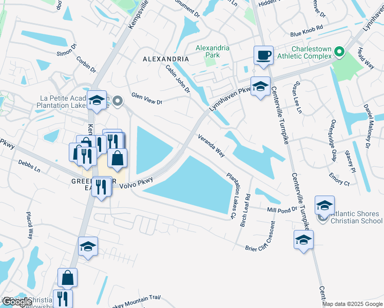 map of restaurants, bars, coffee shops, grocery stores, and more near 1205 Plantation Lakes Cir in Chesapeake