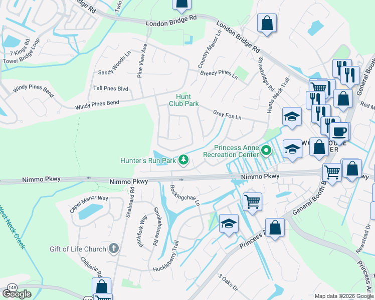 map of restaurants, bars, coffee shops, grocery stores, and more near 2492 Piney Bark Drive in Virginia Beach