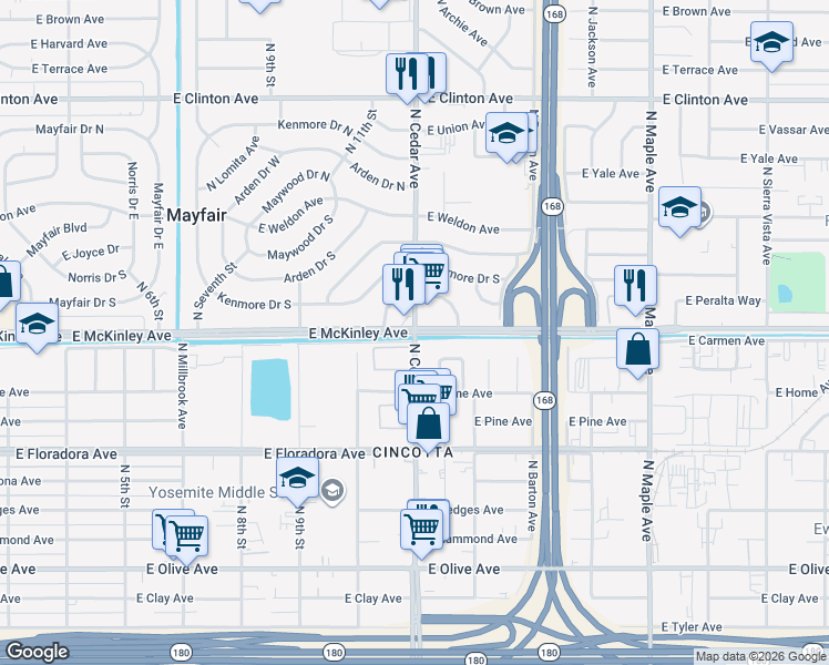 map of restaurants, bars, coffee shops, grocery stores, and more near North Cedar Avenue & East McKinley Avenue in Fresno