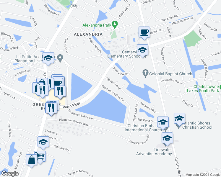 map of restaurants, bars, coffee shops, grocery stores, and more near 1210 Plantation Lakes Circle in Chesapeake