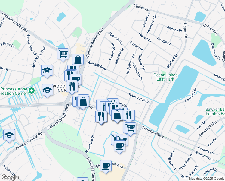 map of restaurants, bars, coffee shops, grocery stores, and more near 1200 Brookhill Court in Virginia Beach