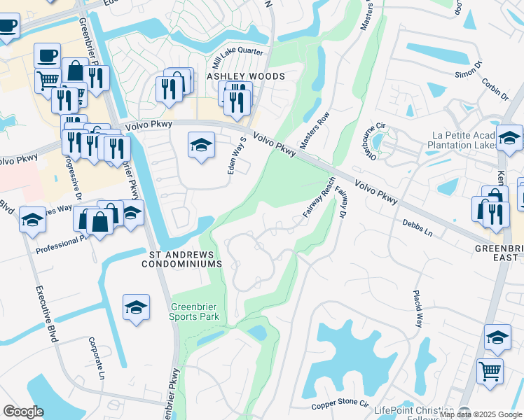 map of restaurants, bars, coffee shops, grocery stores, and more near 1306 Fairways Lookout in Chesapeake