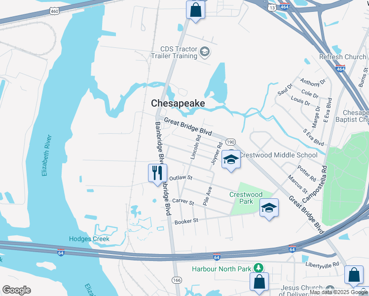 map of restaurants, bars, coffee shops, grocery stores, and more near 122 Gregg Street in Chesapeake