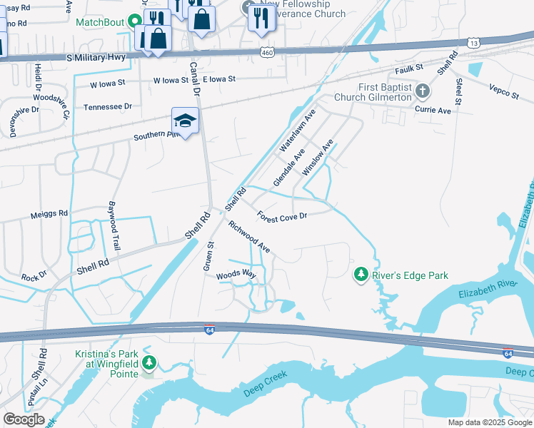 map of restaurants, bars, coffee shops, grocery stores, and more near 1301 Bramblewood Court in Chesapeake