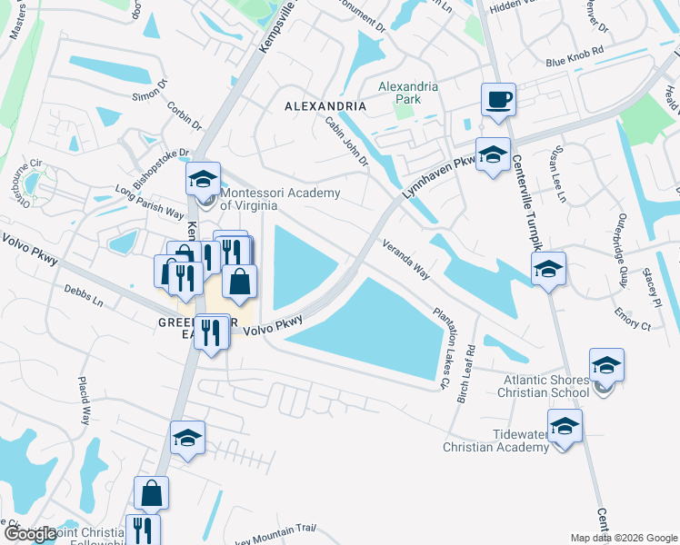 map of restaurants, bars, coffee shops, grocery stores, and more near 1852 Volvo Pkwy Service Road in Chesapeake