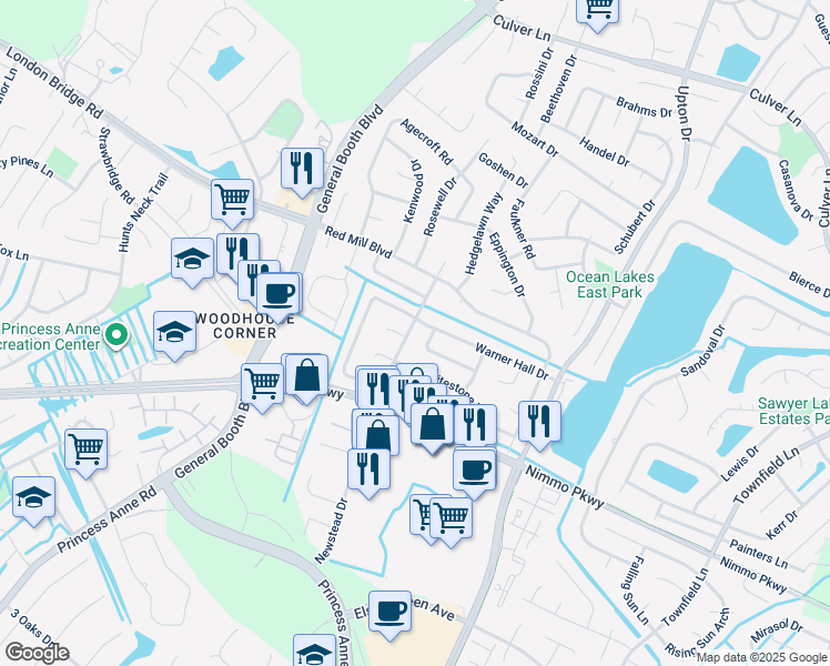 map of restaurants, bars, coffee shops, grocery stores, and more near 1200 Brookhill Court in Virginia Beach