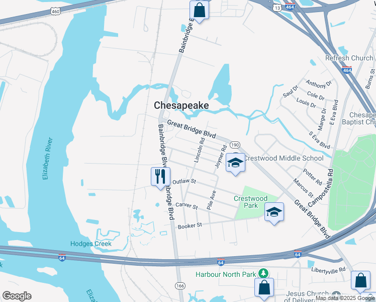 map of restaurants, bars, coffee shops, grocery stores, and more near 122 Gregg Street in Chesapeake
