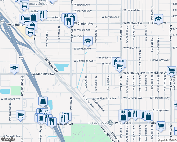 map of restaurants, bars, coffee shops, grocery stores, and more near 950 West McKinley Avenue in Fresno