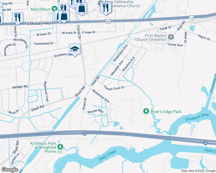 map of restaurants, bars, coffee shops, grocery stores, and more near 1301 Bramblewood Court in Chesapeake