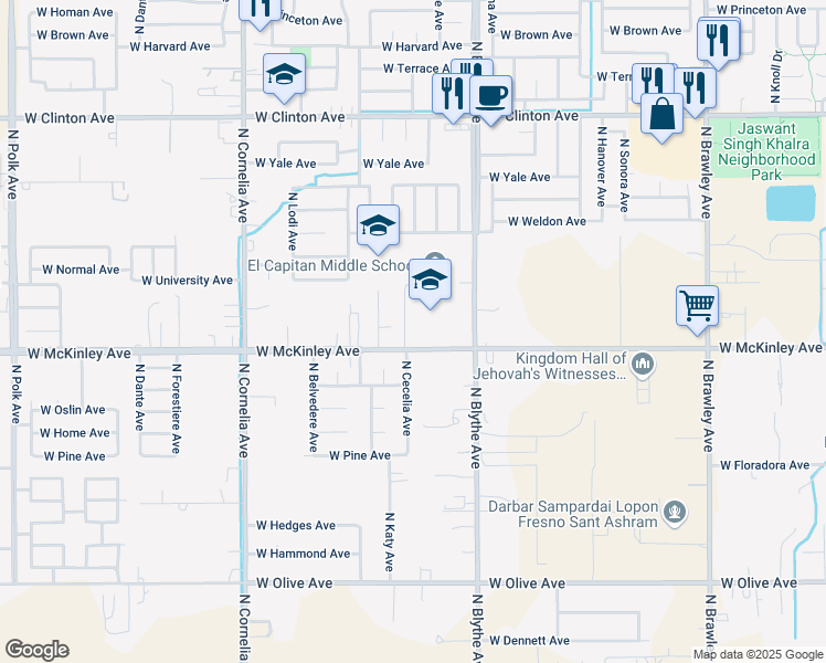 map of restaurants, bars, coffee shops, grocery stores, and more near 2022 North Cecelia Avenue in Fresno