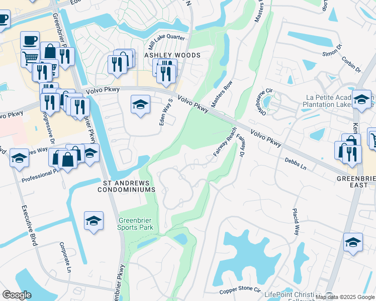 map of restaurants, bars, coffee shops, grocery stores, and more near 1306 Fairways Lookout in Chesapeake