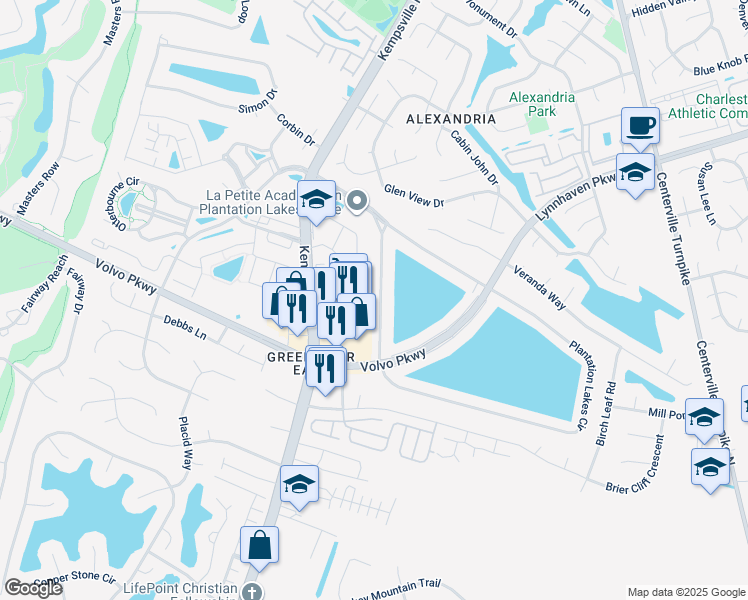 map of restaurants, bars, coffee shops, grocery stores, and more near 1518 Plantation Lakes Circle in Chesapeake