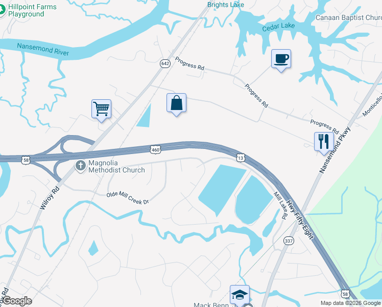 map of restaurants, bars, coffee shops, grocery stores, and more near 1749 Mill Wood Way in Suffolk