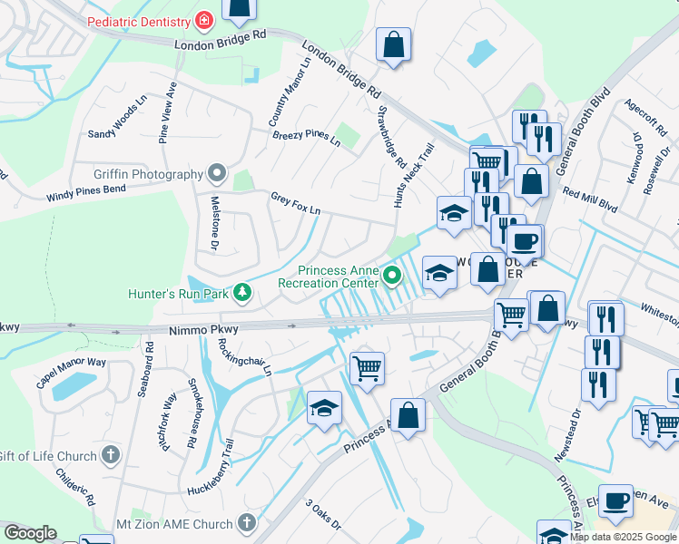 map of restaurants, bars, coffee shops, grocery stores, and more near 2481 Hunts Neck Trail in Virginia Beach