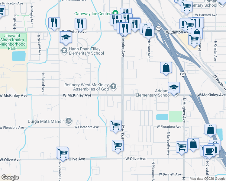 map of restaurants, bars, coffee shops, grocery stores, and more near 3014 West McKinley Avenue in Fresno