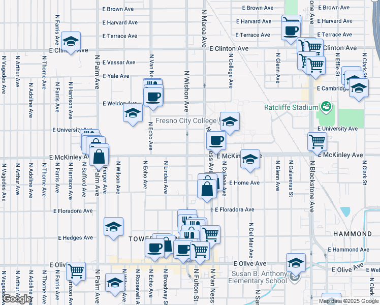map of restaurants, bars, coffee shops, grocery stores, and more near 820 East McKinley Avenue in Fresno