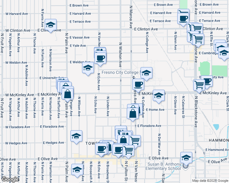 map of restaurants, bars, coffee shops, grocery stores, and more near 717 East McKinley Avenue in Fresno