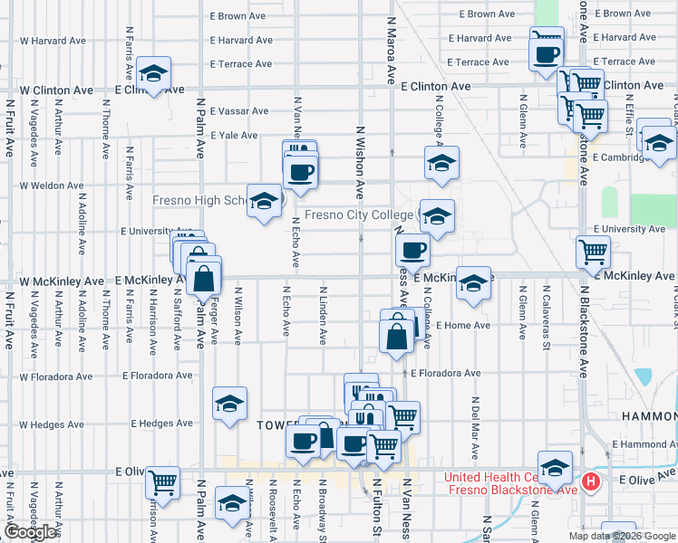 map of restaurants, bars, coffee shops, grocery stores, and more near 717 East McKinley Avenue in Fresno