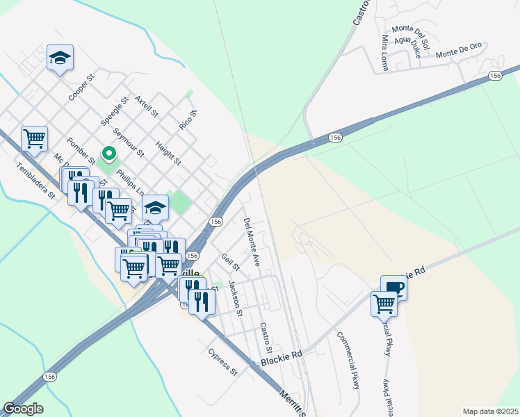 map of restaurants, bars, coffee shops, grocery stores, and more near 11369 Del Monte Avenue in Castroville