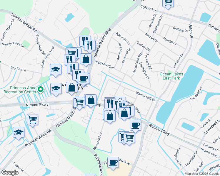 map of restaurants, bars, coffee shops, grocery stores, and more near 1257 Warner Hall Road in Virginia Beach