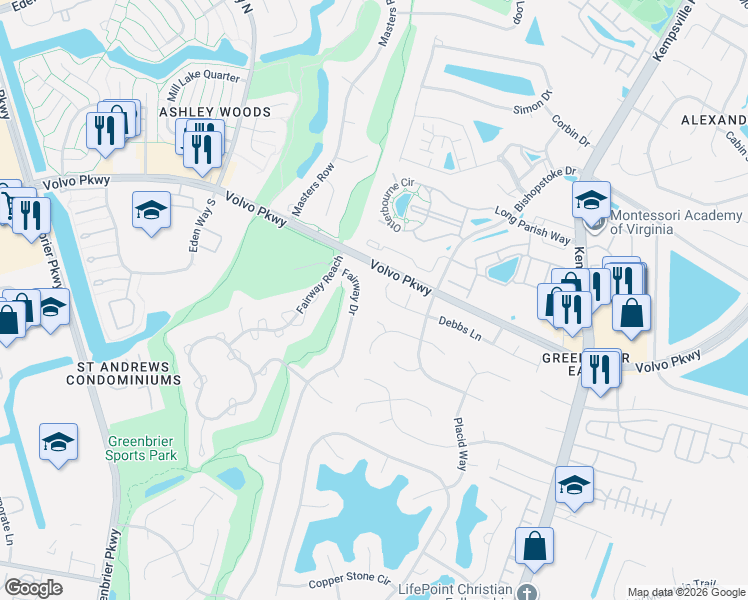 map of restaurants, bars, coffee shops, grocery stores, and more near 1319 Fairway Drive in Chesapeake