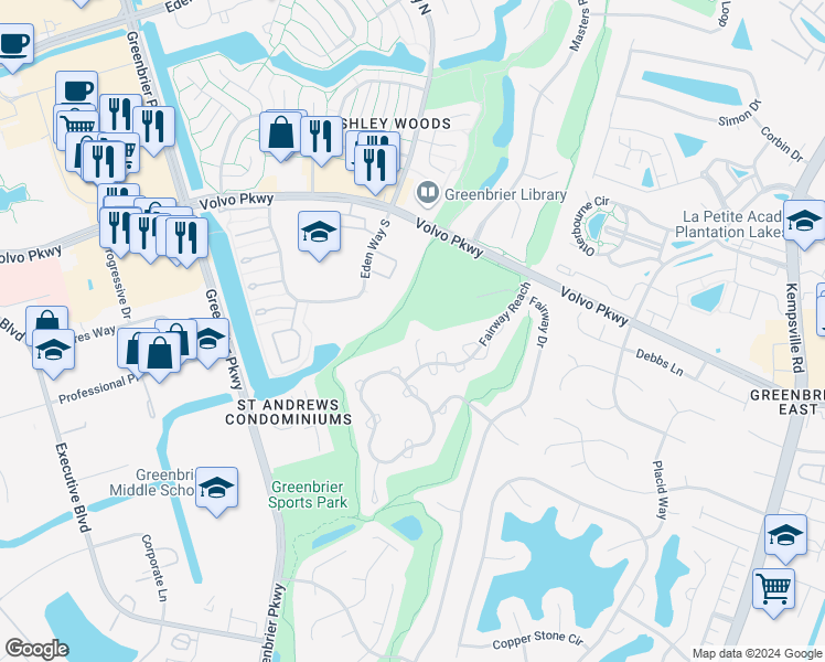map of restaurants, bars, coffee shops, grocery stores, and more near 1307 Fairways Lookout in Chesapeake