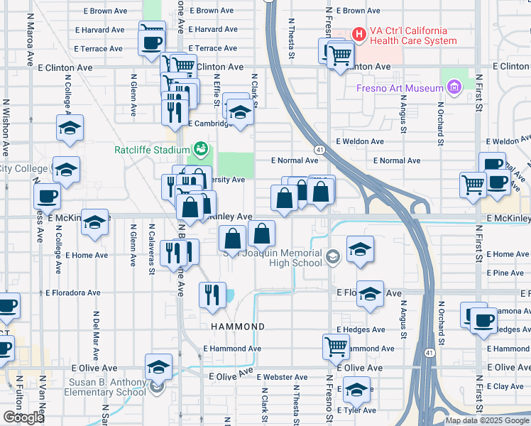map of restaurants, bars, coffee shops, grocery stores, and more near 2121 East McKinley Avenue in Fresno