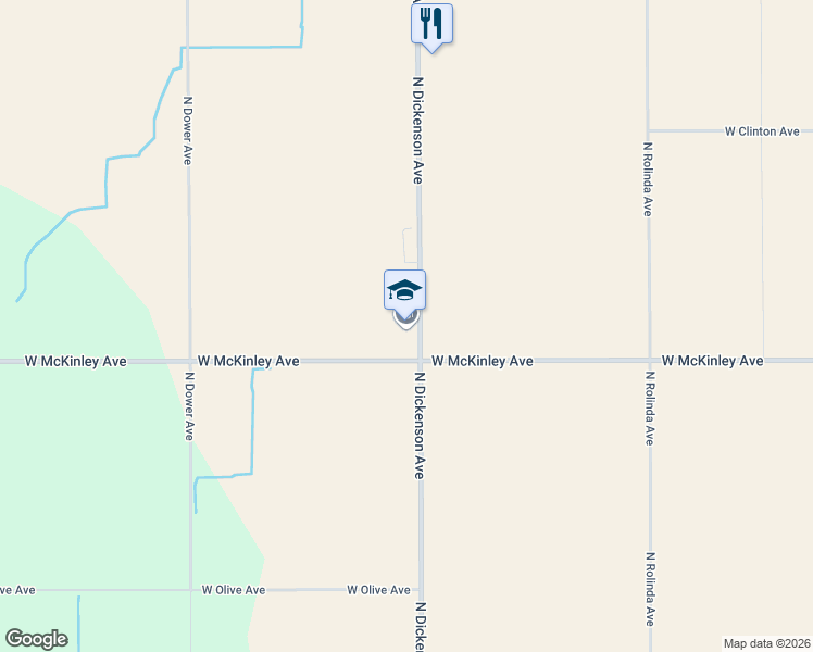 map of restaurants, bars, coffee shops, grocery stores, and more near 2045 North Dickenson Avenue in Fresno